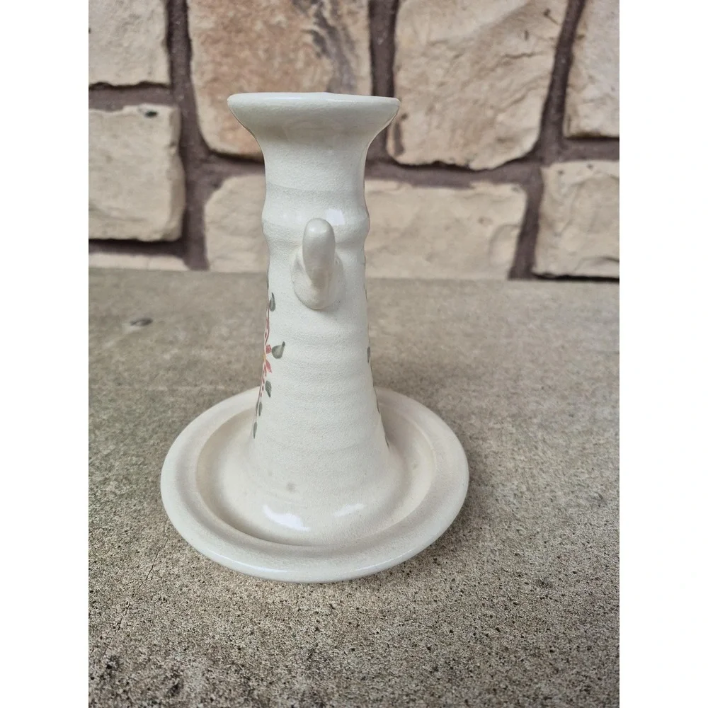 Signed Studio Pottery Chamberstick Candle‎ Holder Hand Painted Floral Stoneware